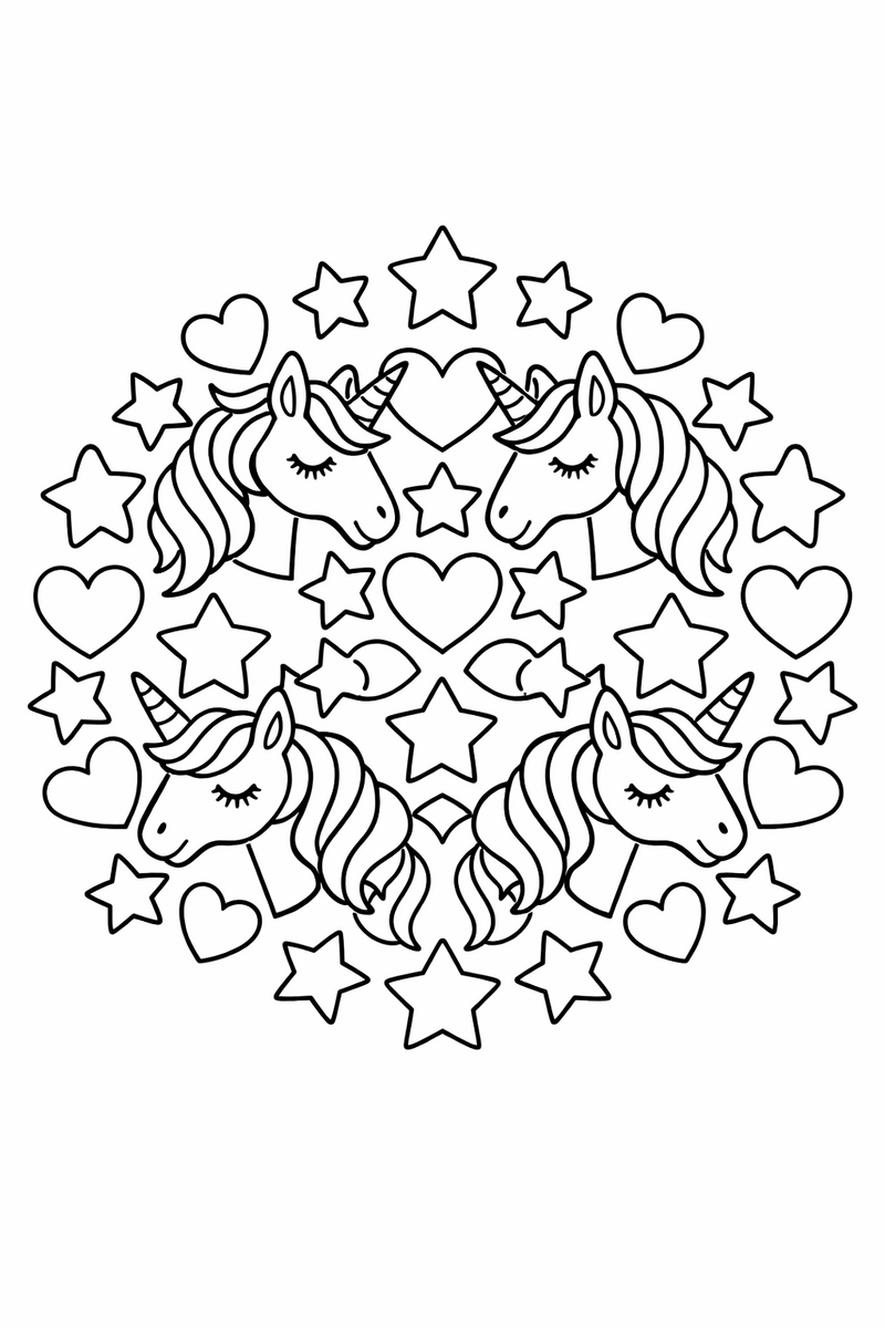 Unicorn mandala with a ring of unicorn heads with flowing manes alternating with stars and hearts, magical symmetric coloring page