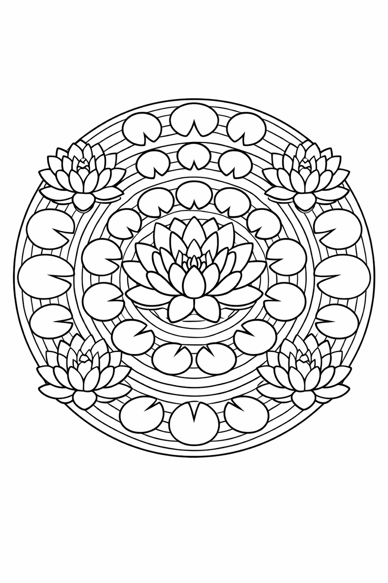 Water lily mandala with open water lily blooms and round floating pads arranged in rings with fine ripple lines spreading between them, calm symmetric coloring page