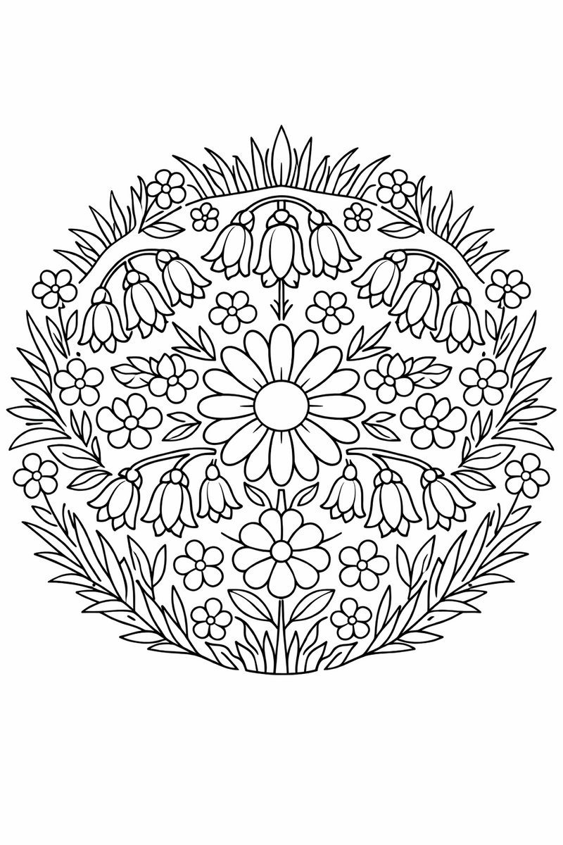 Wildflower mandala mixing daisies, bluebells and small blossoms with grasses in a meadow ring, symmetric coloring page