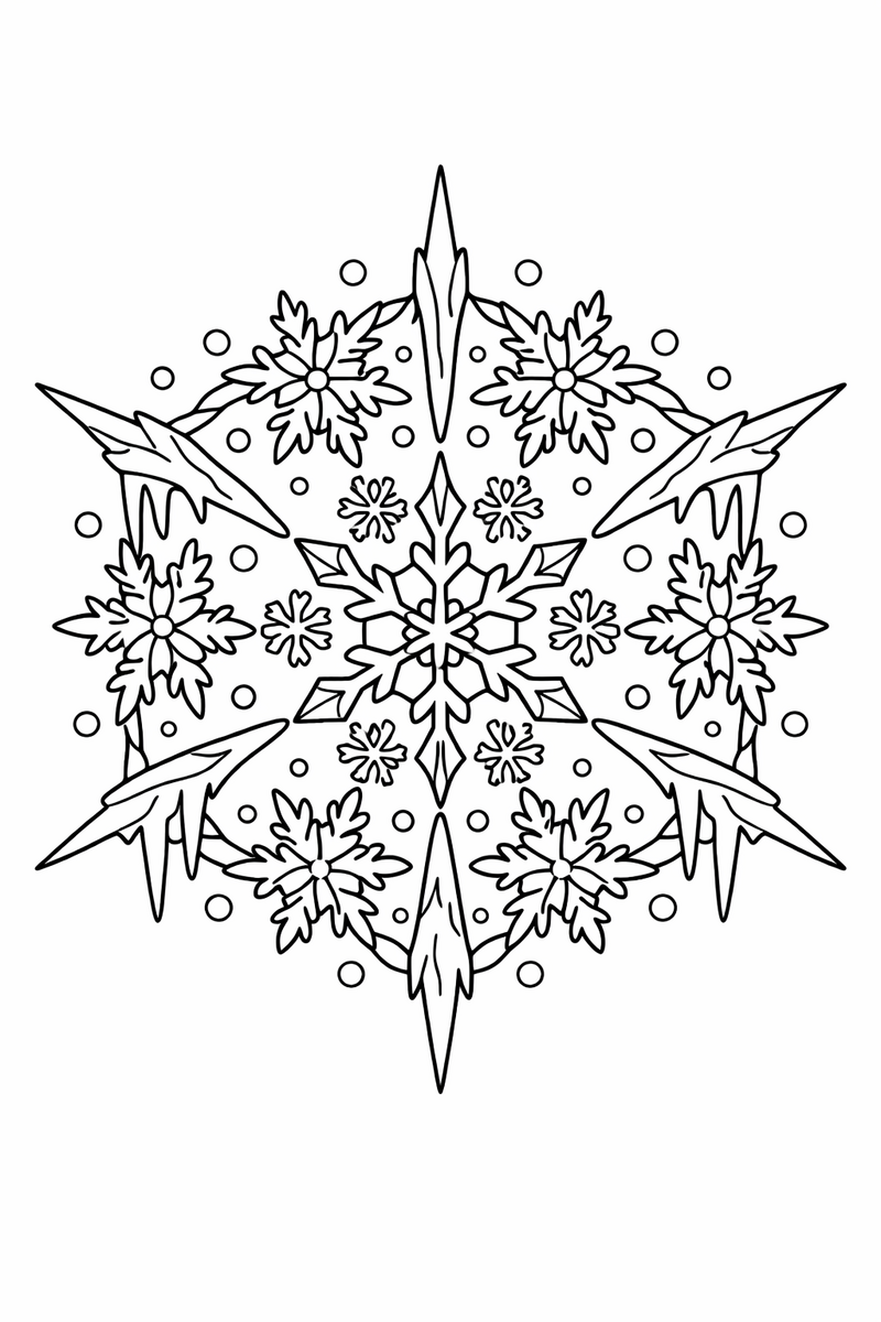 Winter frost mandala with delicate frost crystals, icicle spikes and tiny snow dots in sixfold symmetry, icy symmetric coloring page