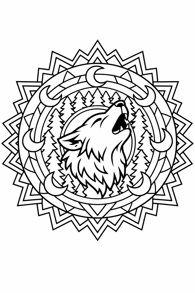 Wolf mandala with a howling wolf head at the core framed by rings of pine trees, crescent moons and sharp chevrons, bold symmetric coloring page