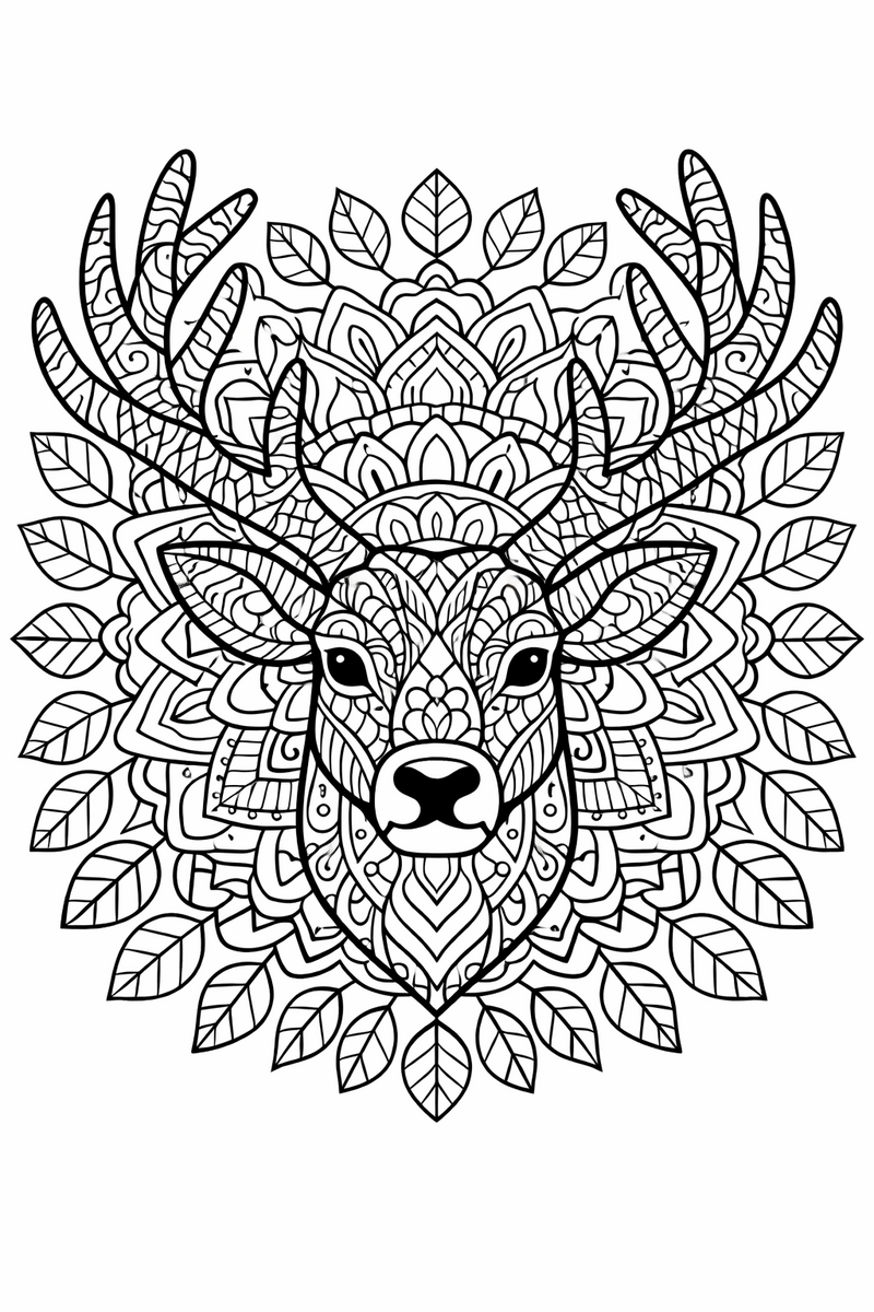 A deer head with tall branching antlers at the center of a mandala, the face and antlers filled with doodled tangle patterns and ringed by leaves coloring page