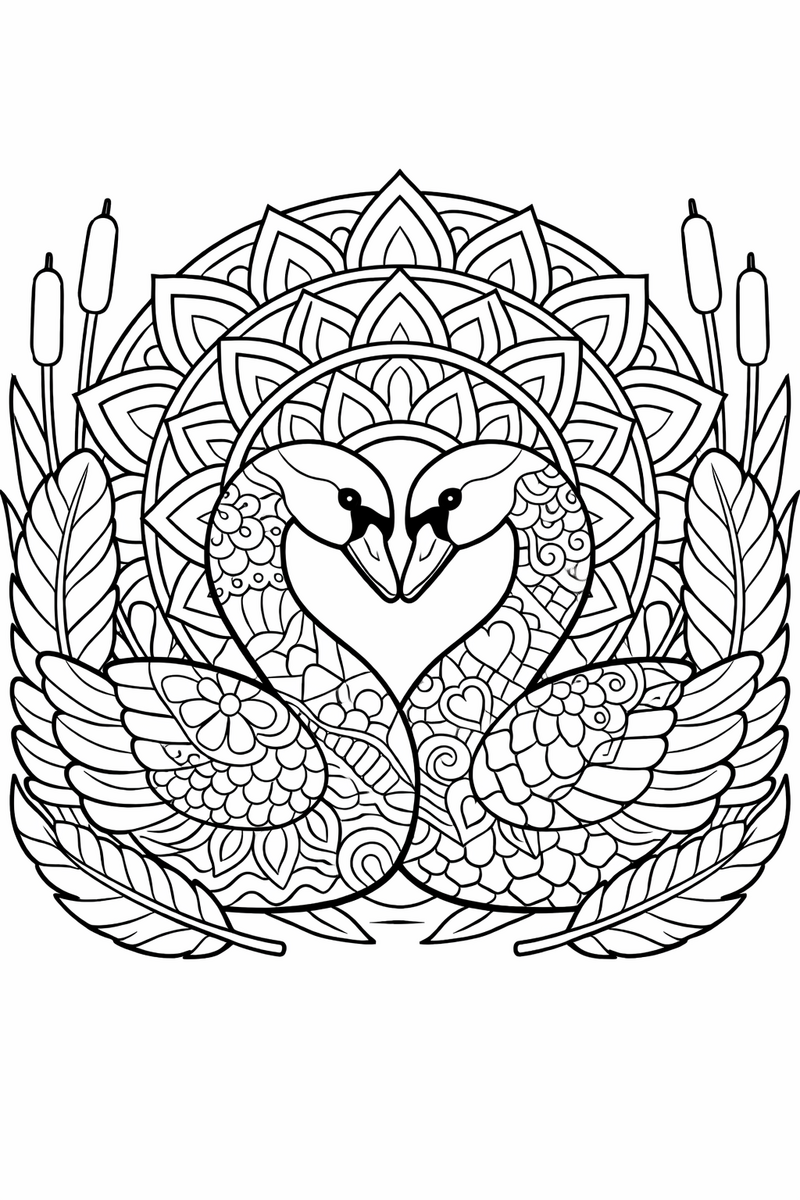 Two swans facing each other with their necks curving into a heart shape at the center of a mandala, their bodies filled with tangle patterns and ringed by reeds and feathers coloring page