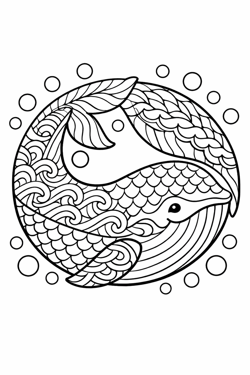 A whale curved into a circle so its tail almost meets its nose, its body filled with wave and scale tangle patterns and ringed by rising bubbles coloring page
