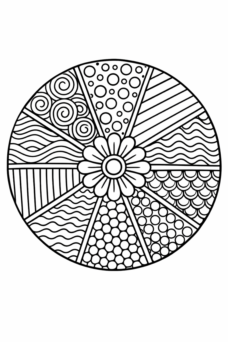 Zentangle mandala with each wedge filled by a different doodled tangle pattern of dots, stripes, waves and scales, dense hand-drawn symmetric coloring page
