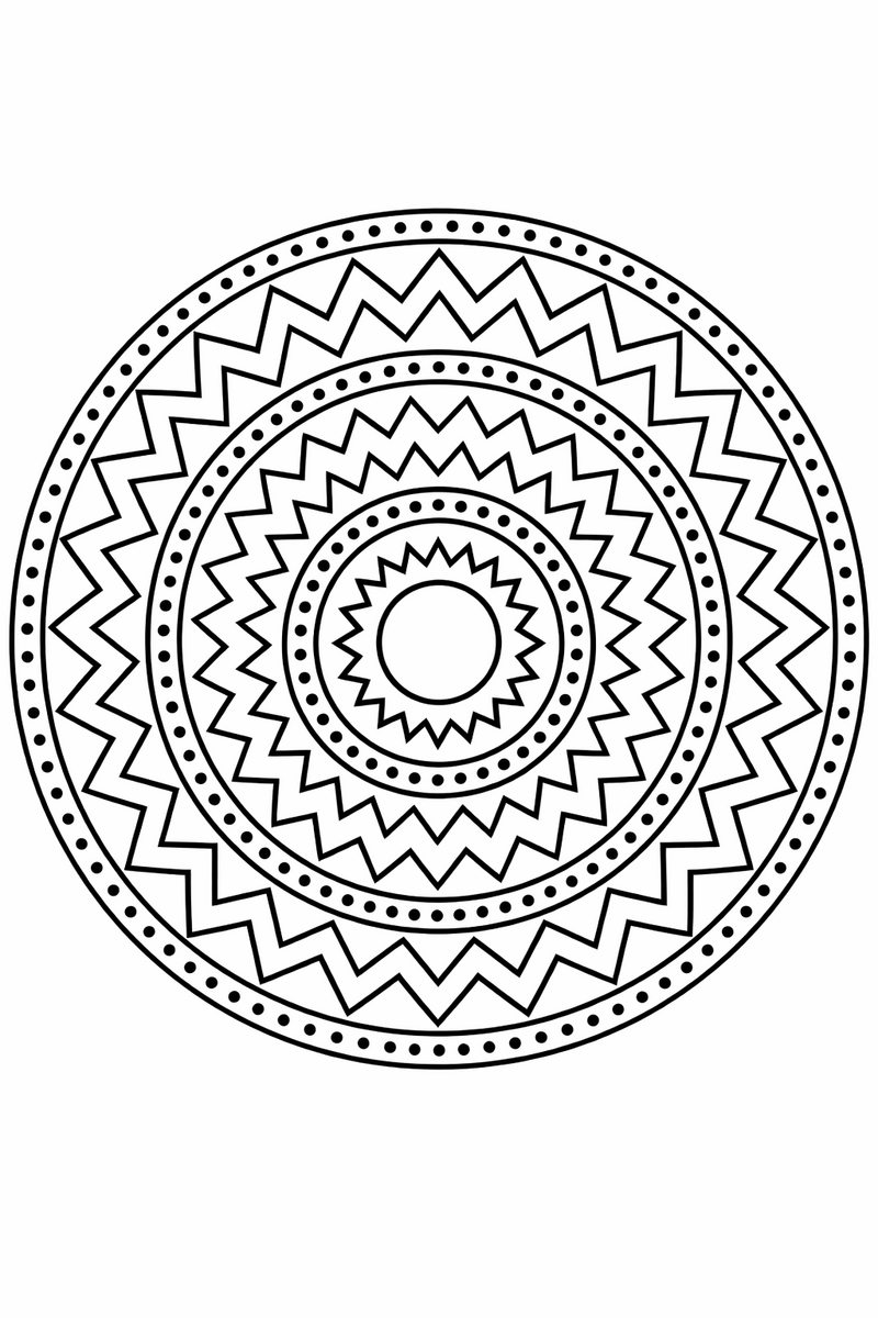 Zigzag ring mandala with concentric bands of sharp zigzag chevrons and dotted borders, bold symmetric coloring page