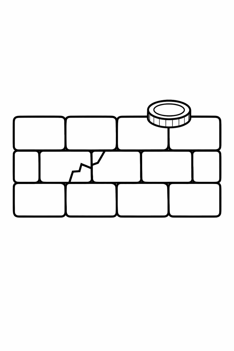 Un muro bajo de bloques cuadrados de ladrillo con una grieta pequeña en uno de ellos y una moneda redonda sobre la fila de arriba, dibujo para colorear