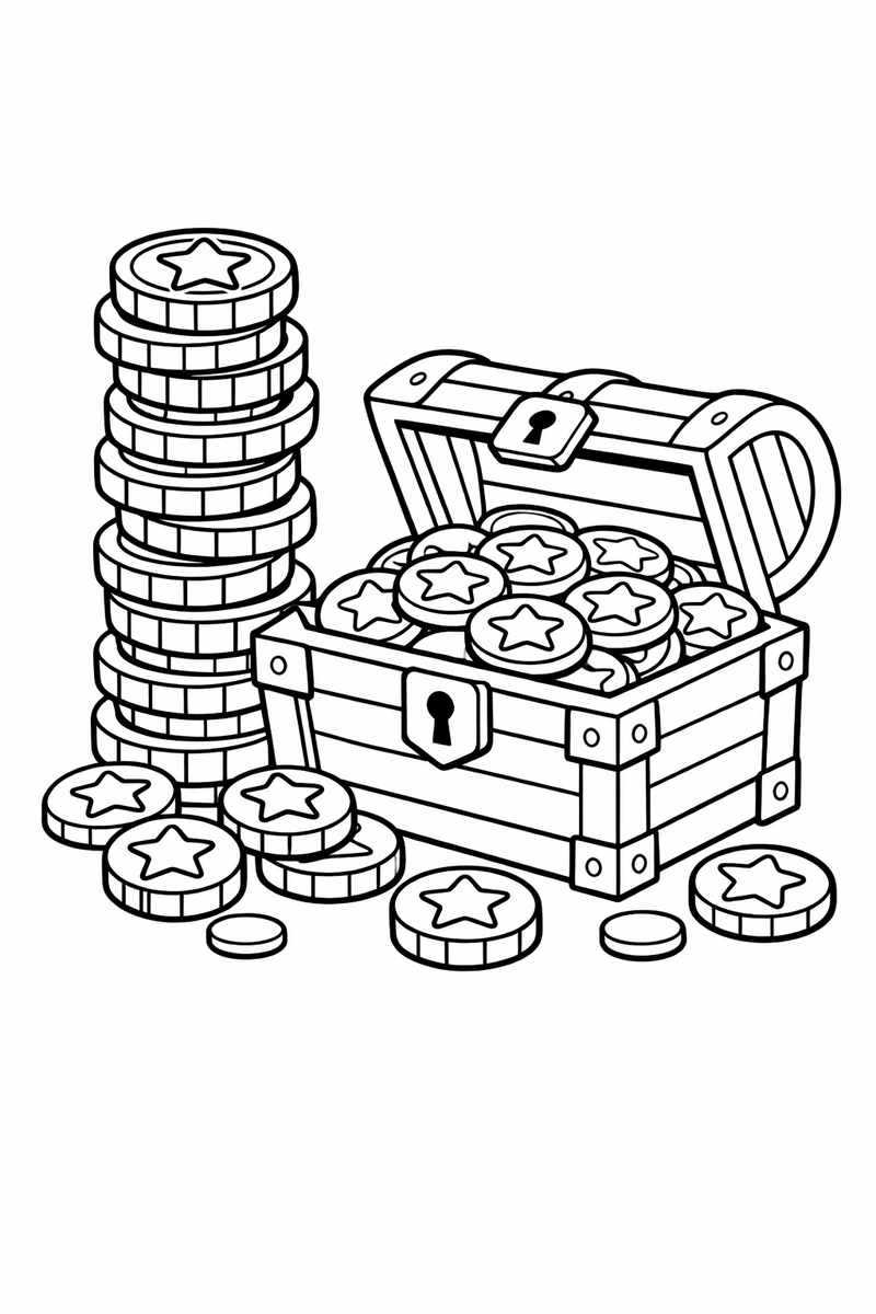 Un montón alto de monedas redondas, cada una con una estrella grabada, saliendo de un cofre de madera abierto, dibujo para colorear