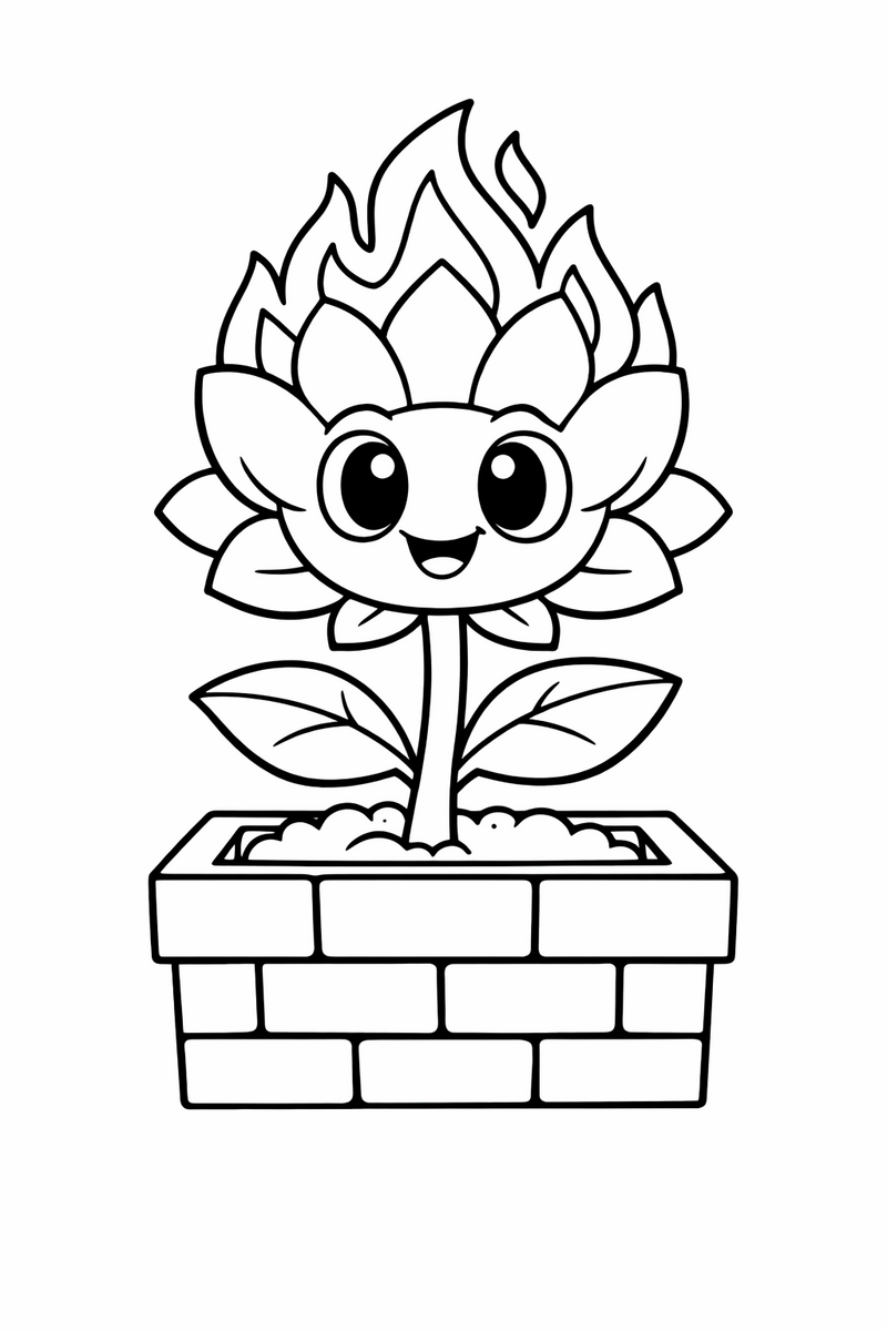 Una flor de fuego sonriente con pétalos redondeados en capas, dos ojos grandes y un tallo con hojas en una jardinera de ladrillo, dibujo para colorear