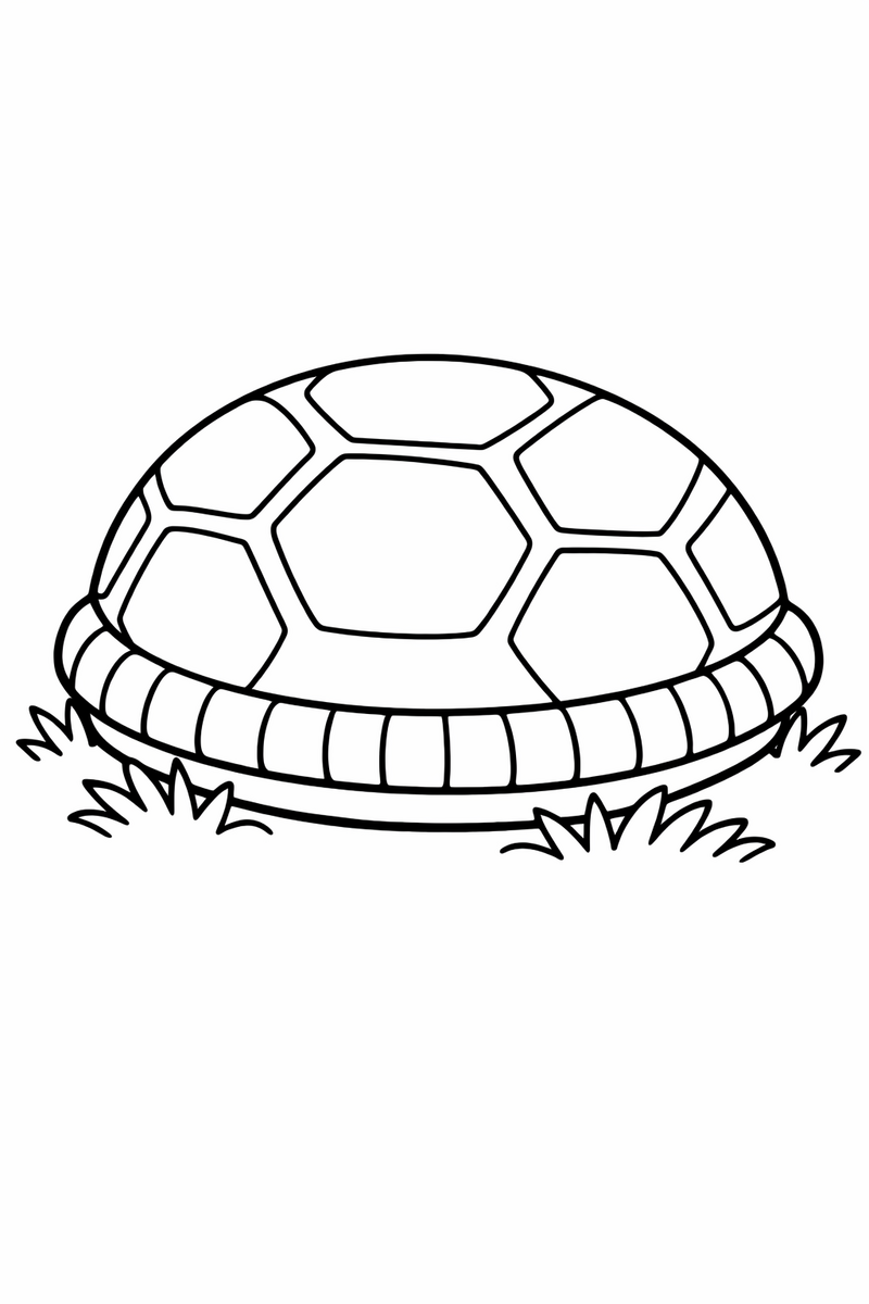 Un caparazón de tortuga liso y redondeado con borde a rayas y dorso con dibujos, apoyado sobre hierba corta, dibujo para colorear