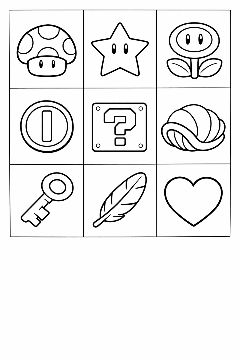 Una cuadrícula de tres por tres con nueve objetos de videojuego, uno por casilla: champiñón, estrella, flor, moneda, bloque, caparazón, llave, pluma y corazón, dibujo para colorear