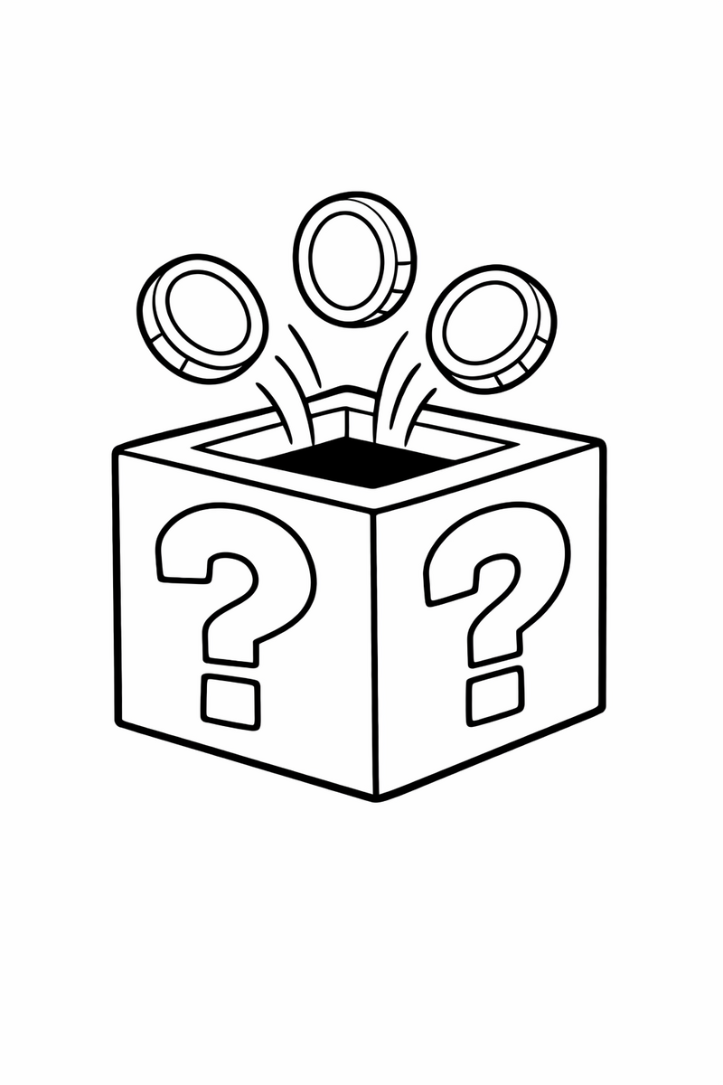 Un bloque cúbico flotante con un signo de interrogación grande en cada cara y tres monedas saliendo en arco por arriba, dibujo para colorear