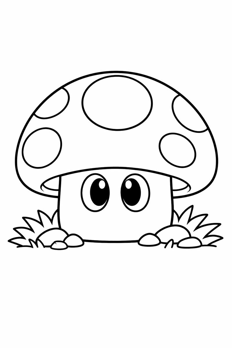 Un super champiñón grande con sombrero moteado alto y dos ojos redondos muy abiertos, apoyado sobre un trozo de hierba, dibujo para colorear