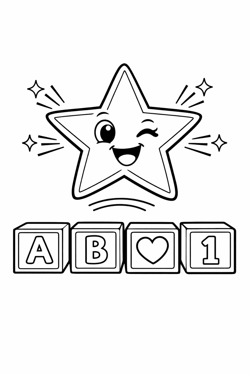 Una estrella de cinco puntas con cara que guiña un ojo y destellos saliendo de las puntas, rebotando sobre una hilera de bloques, dibujo para colorear