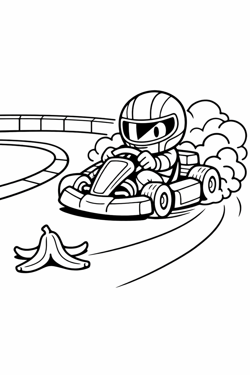 Un kart derrapando con fuerza en una curva con humo saliendo de las ruedas y una cáscara de plátano en la pista, dibujo para colorear