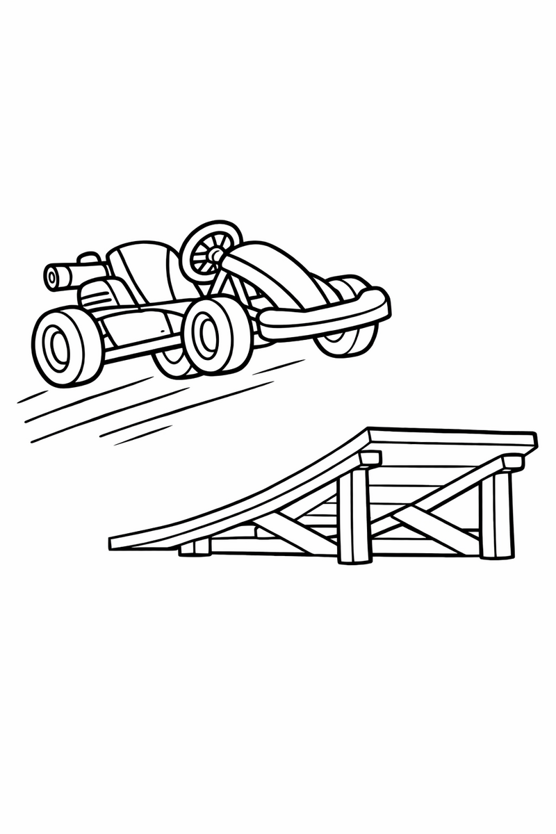 Un kart pequeño y abierto saliendo volando del final de una rampa de madera con las cuatro ruedas en el aire y líneas de movimiento debajo, dibujo para colorear