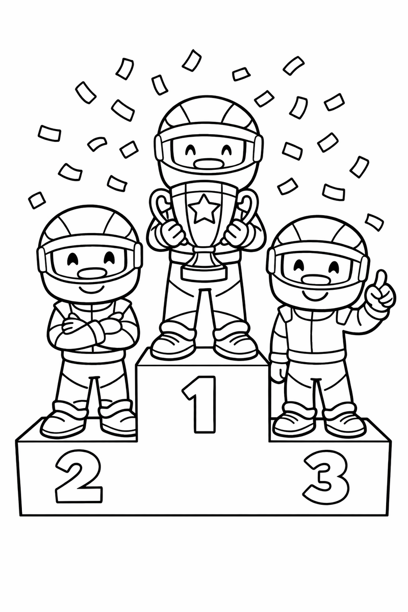 Tres pilotos de kart sobre un podio de tres escalones, el del centro con un trofeo alto mientras cae confeti, dibujo para colorear
