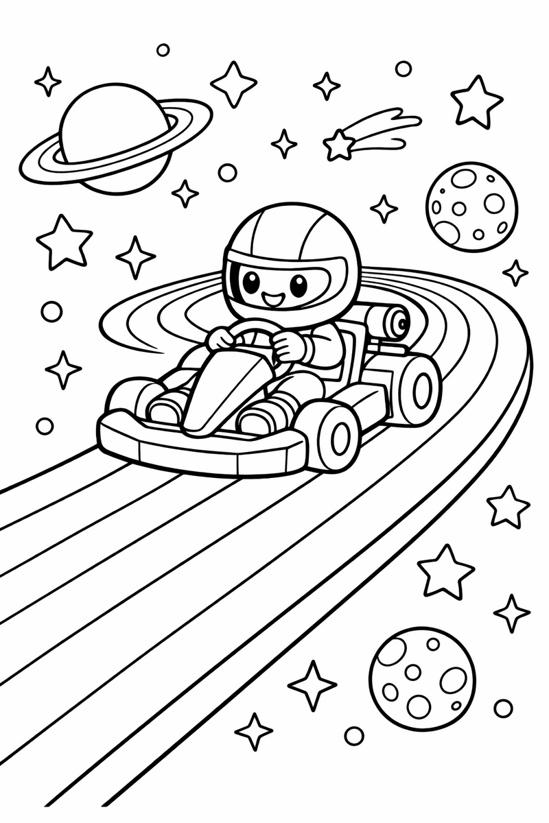 Un kart corriendo por una carretera estrecha a rayas de arcoíris flotando en el espacio, entre estrellas y planetas pequeños, dibujo para colorear