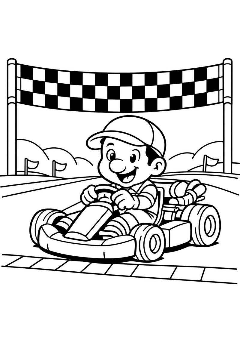 Un fontanero de dibujos con gorra roja agarrando el volante de un kart pequeño y abierto en la línea de salida de un circuito, con una bandera a cuadros cruzando por encima, dibujo para colorear