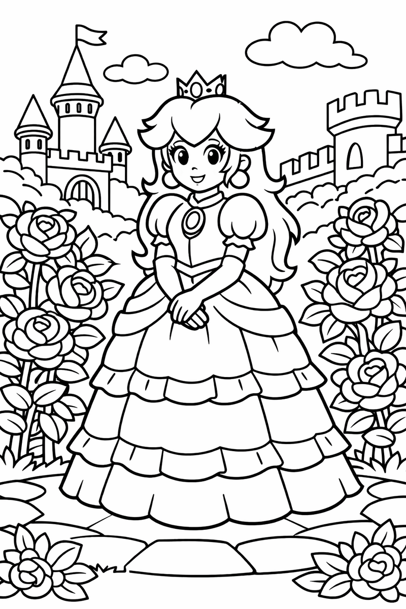La princesa Peach con un vestido largo de volantes, una corona pequeña y el pelo ondulado, en un jardín de castillo entre rosales, dibujo para colorear