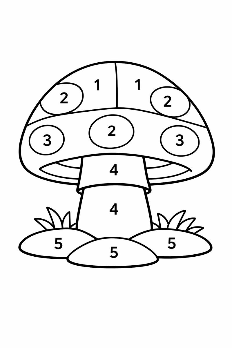 Un champiñón sencillo de sombrero moteado dibujado como lámina de colorear por números, con el sombrero, las manchas, el tallo y el suelo divididos en zonas y un número pequeño dentro de cada zona, dibujo para colorear