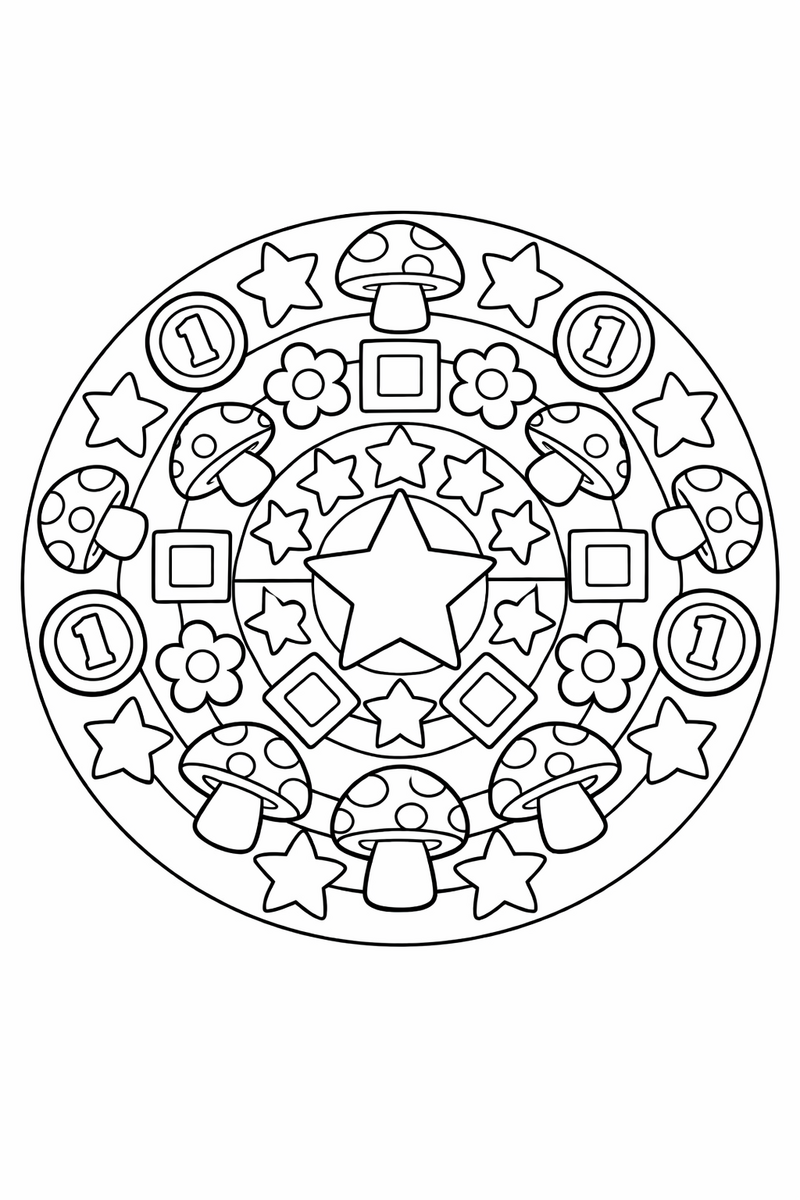 Un mandala redondo formado por anillos simétricos de champiñones, estrellas, monedas, flores y bloques cuadrados alrededor de una estrella central, dibujo para colorear