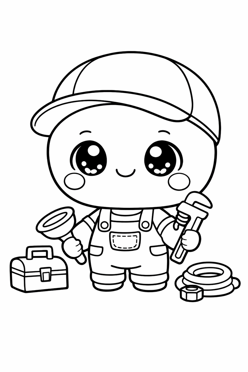 Un fontanero chibi kawaii de cabeza enorme y redonda, ojos gigantes brillantes, mejillas sonrojadas, gorra roja redonda y bracitos cortos, dibujo para colorear
