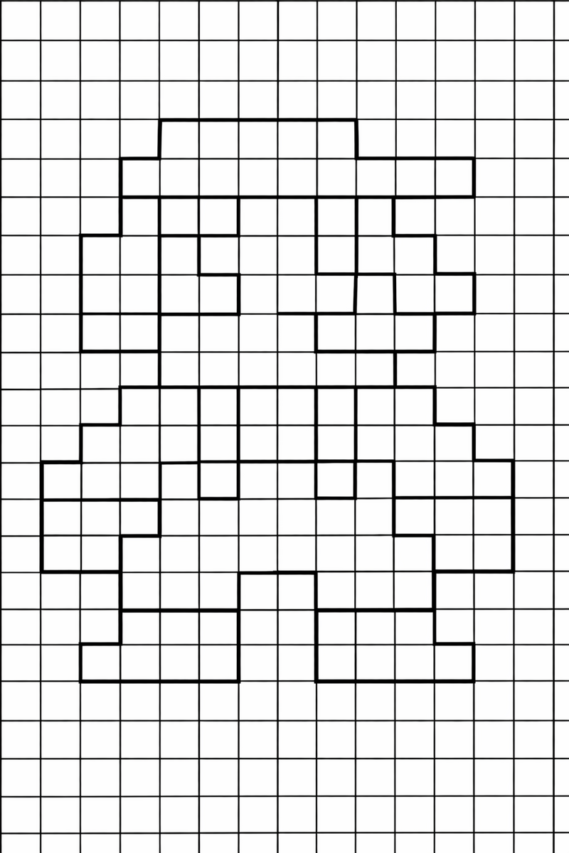Un fontanero pixelado de 8 bits construido con cuadrados grandes sobre una cuadrícula visible, con cada casilla marcada para colorearla, dibujo para colorear