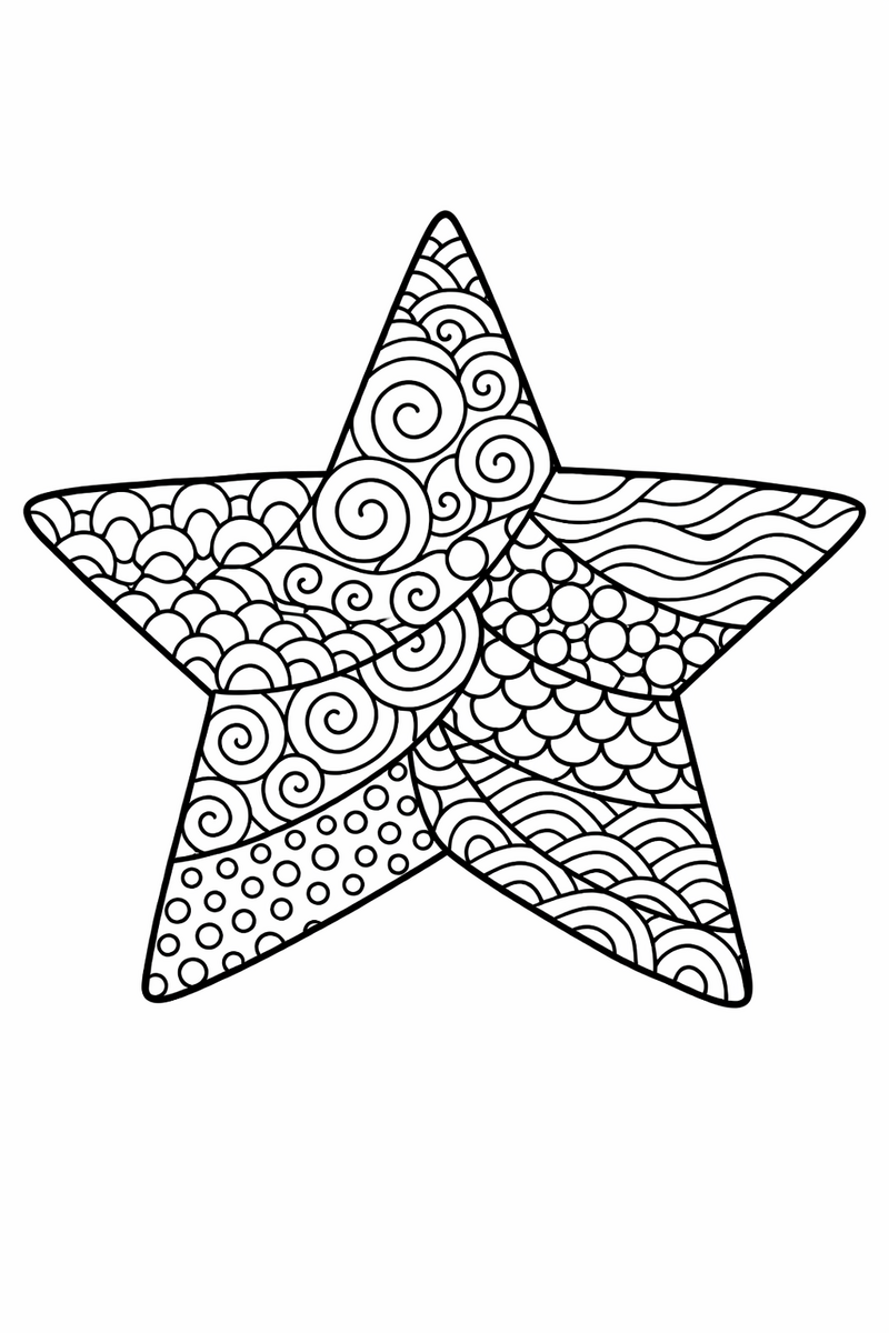 Una estrella grande de cinco puntas con toda la superficie rellena de patrones zentangle densos de espirales, ondas, puntos y ondulaciones, dibujo para colorear