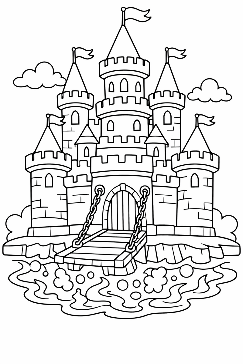 Un castillo alto con almenas, torres puntiagudas, banderas pequeñas y un puente levadizo de madera sobre un foso de lava, dibujo para colorear