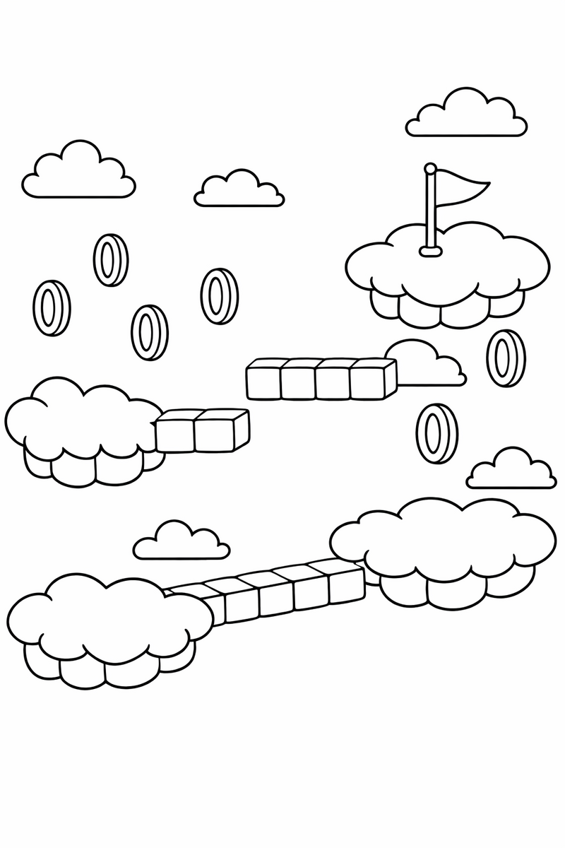 Un nivel del cielo con plataformas de nubes unidas por bloques cuadrados, monedas en el aire y una banderita en la nube más alta, dibujo para colorear