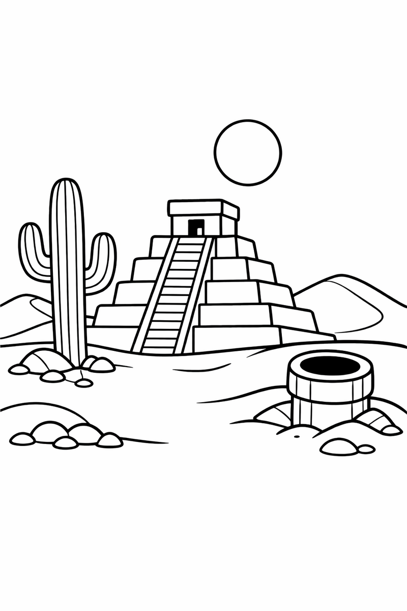Un nivel del desierto con una pirámide escalonada, un cactus alto, una tubería verde medio enterrada en la arena y un sol redondo, dibujo para colorear