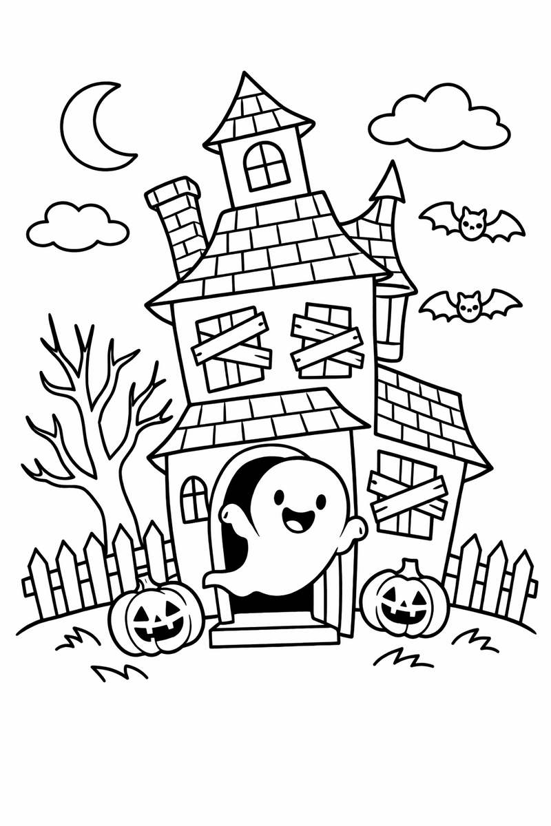 Una casa encantada torcida con ventanas de contraventanas, una chimenea inclinada y un fantasma redondo y simpático saliendo por la puerta, dibujo para colorear