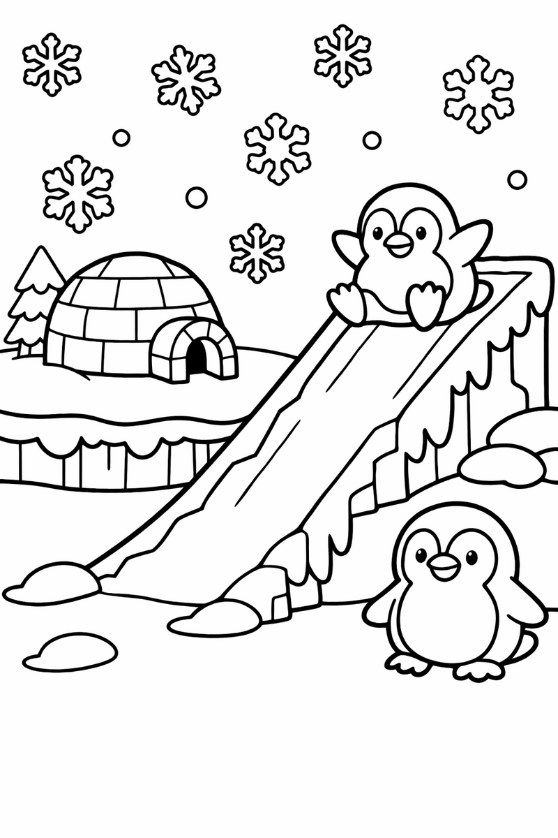 Un nivel nevado con una pendiente de hielo, un iglú pequeño y redondo, dos pingüinos regordetes y copos de nieve grandes cayendo, dibujo para colorear