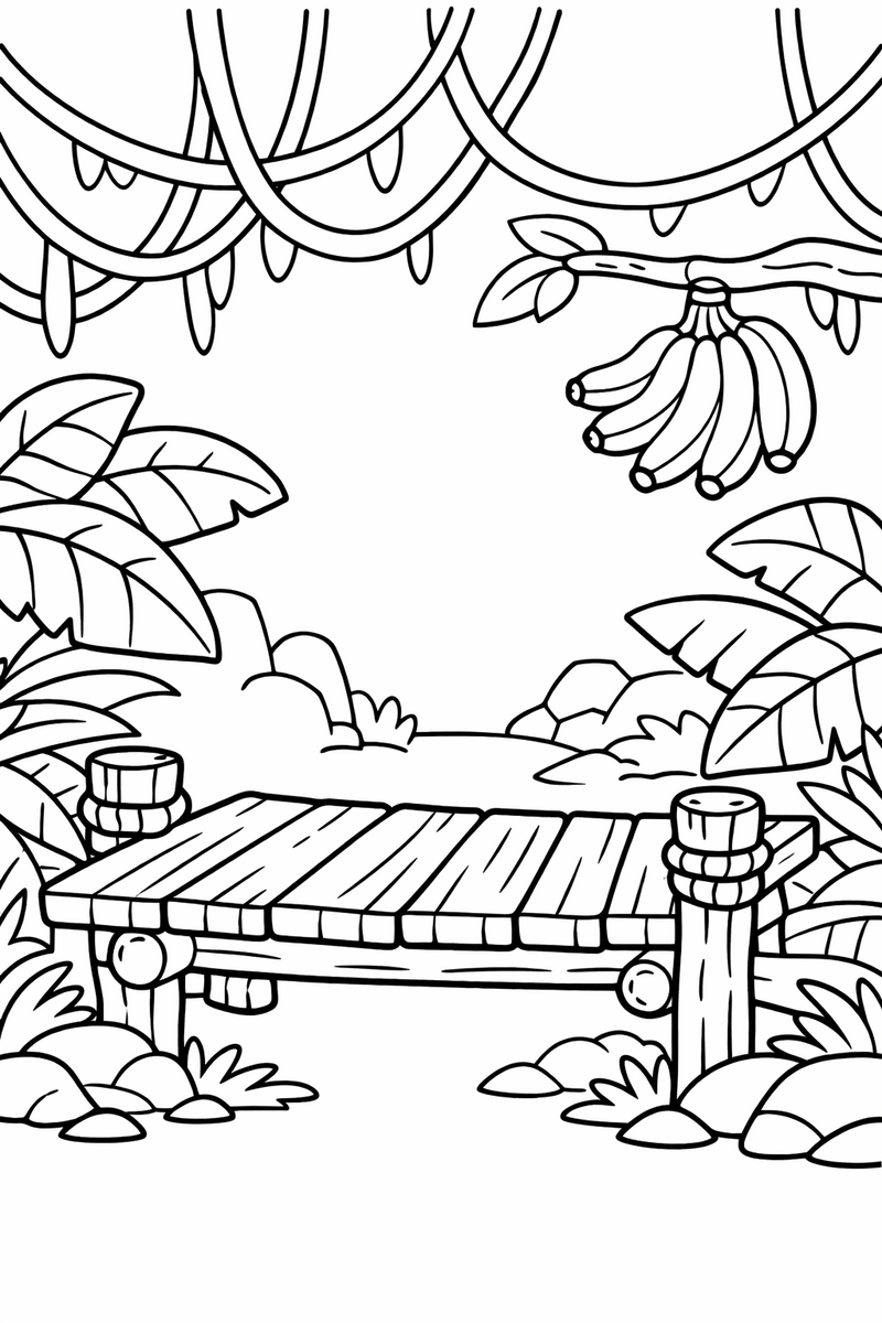 Un nivel de jungla con lianas colgando, hojas anchas y grandes, una plataforma de madera y un racimo de plátanos en una rama, dibujo para colorear