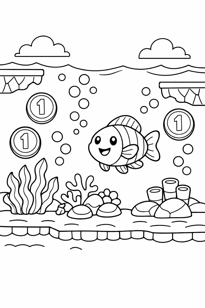 Un nivel submarino con un pez alegre, algas que se mecen, rocas de coral, burbujas que suben y monedas flotando en el agua, dibujo para colorear
