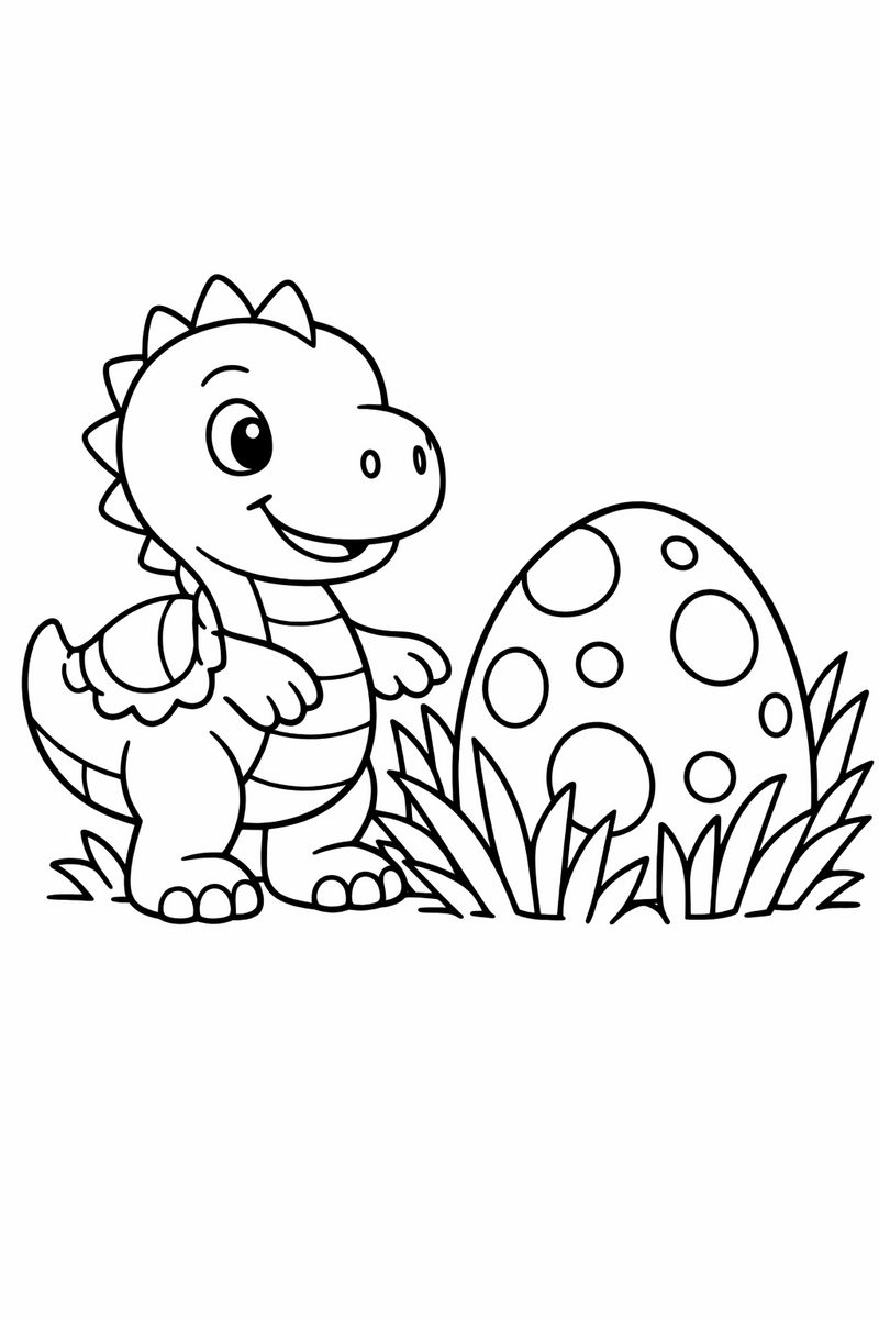 Un dinosaurio verde y simpático con caparazón rojo vigilando junto a un huevo grande de lunares entre hierba alta, dibujo para colorear