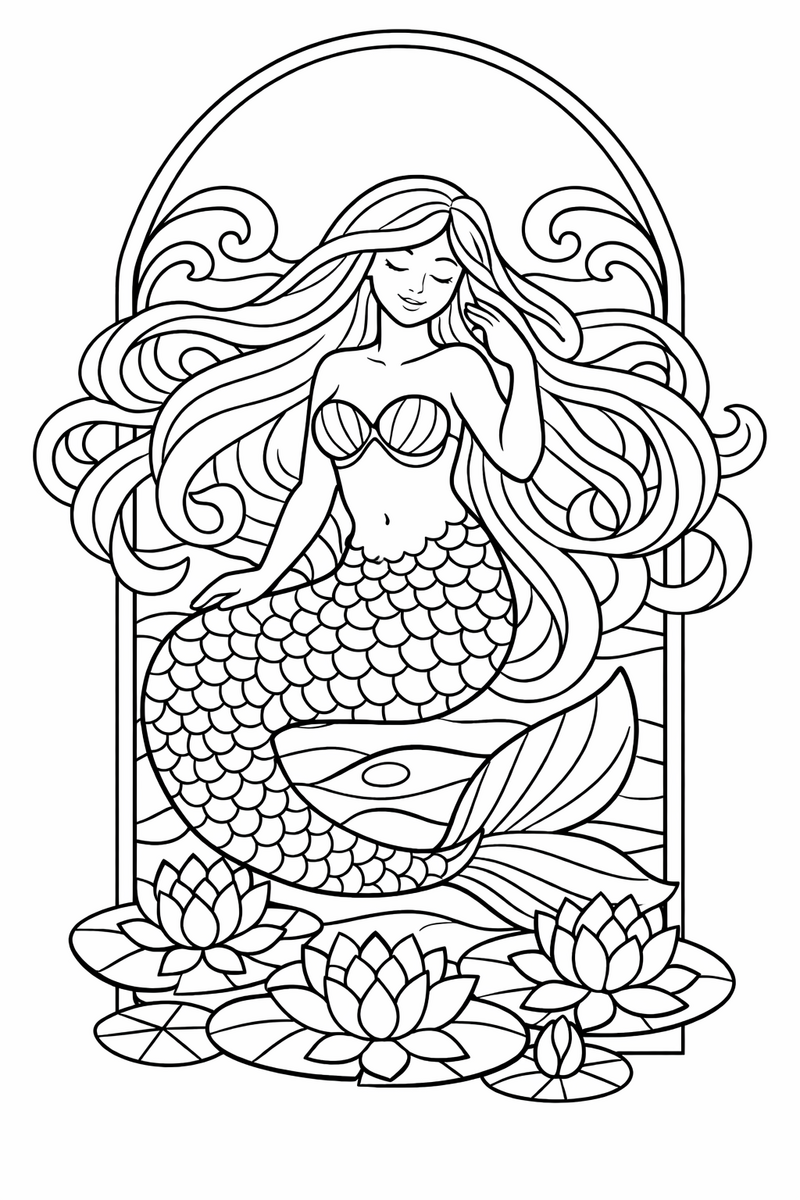 An art nouveau mermaid framed inside a tall rounded arch with her long hair flowing out into swirling decorative lines and water lilies coloring page