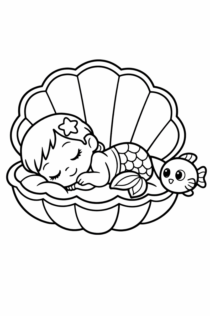 A baby mermaid asleep inside an open scallop shell cradle with a tiny round fish keeping watch beside her coloring page