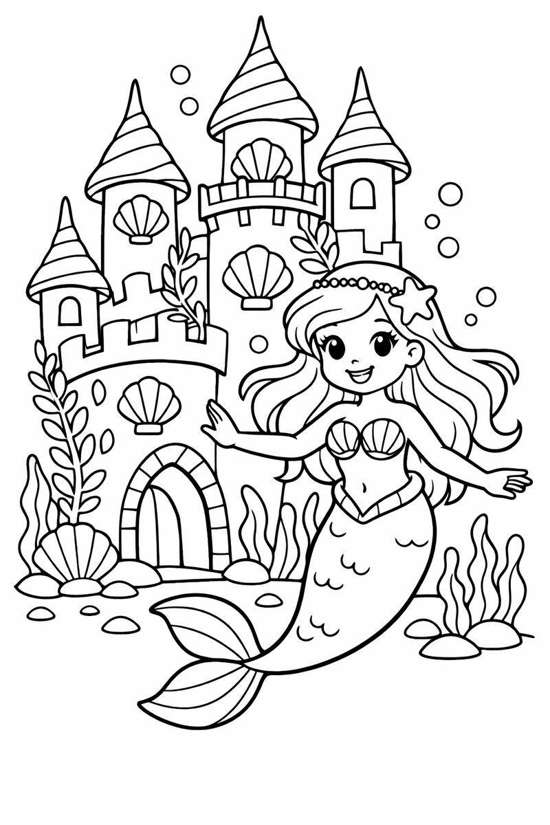 A mermaid floating in front of a tall underwater castle with spiral towers and shell shaped windows, seaweed growing up its walls coloring page