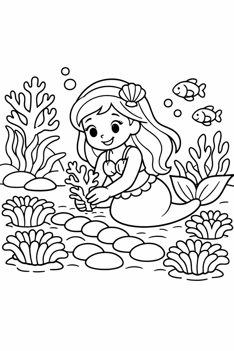 A mermaid tending a coral garden and planting a branch of coral between rows of anemones and smooth round stones coloring page