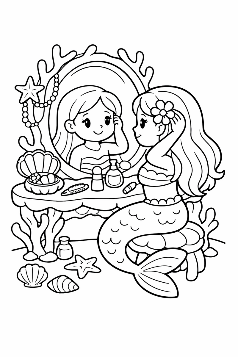 A mermaid sitting at a coral dressing table looking into an oval mirror while she pins a flower into her hair coloring page