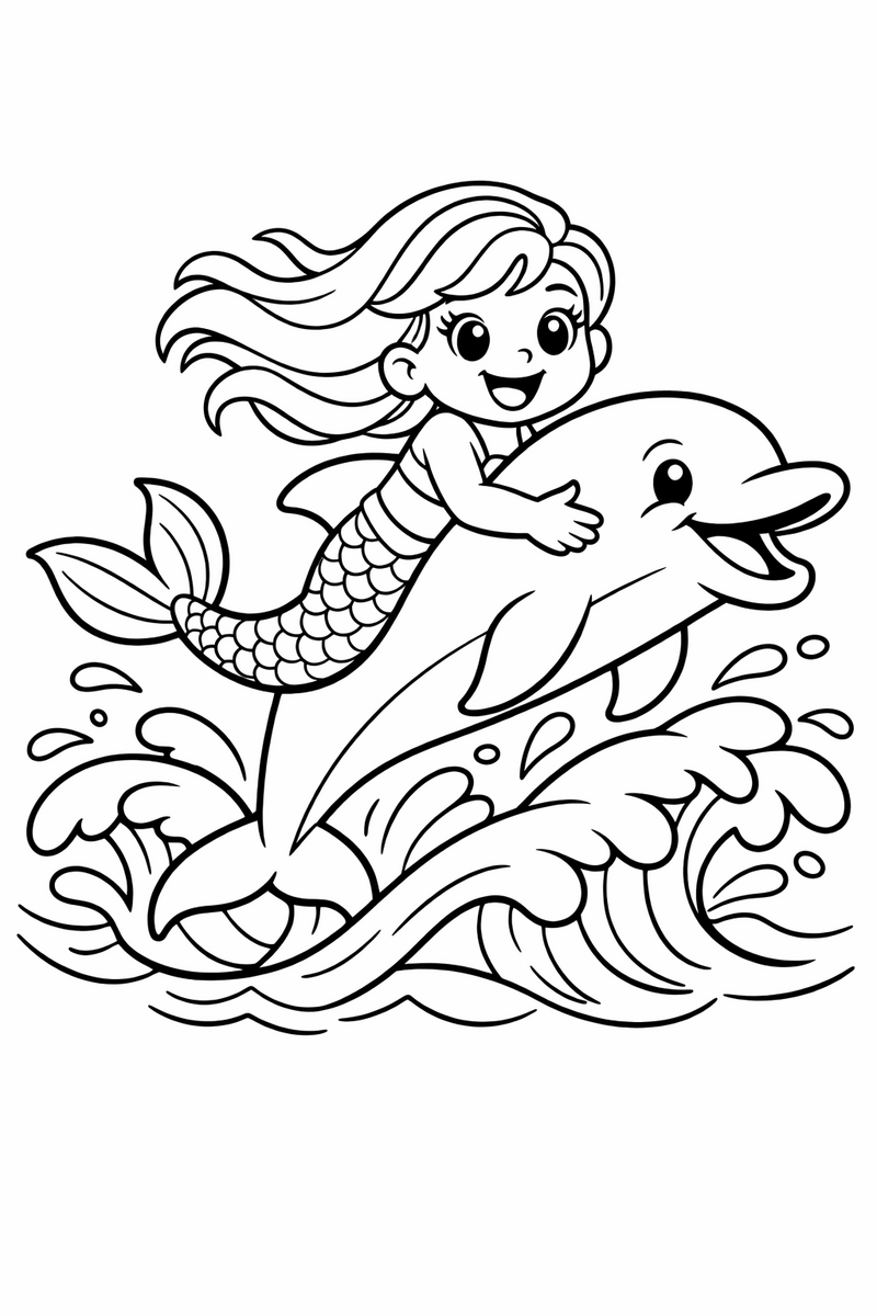A cheerful mermaid holding on to a leaping dolphin as the two of them burst out above the waves together with splashes curling around them coloring page