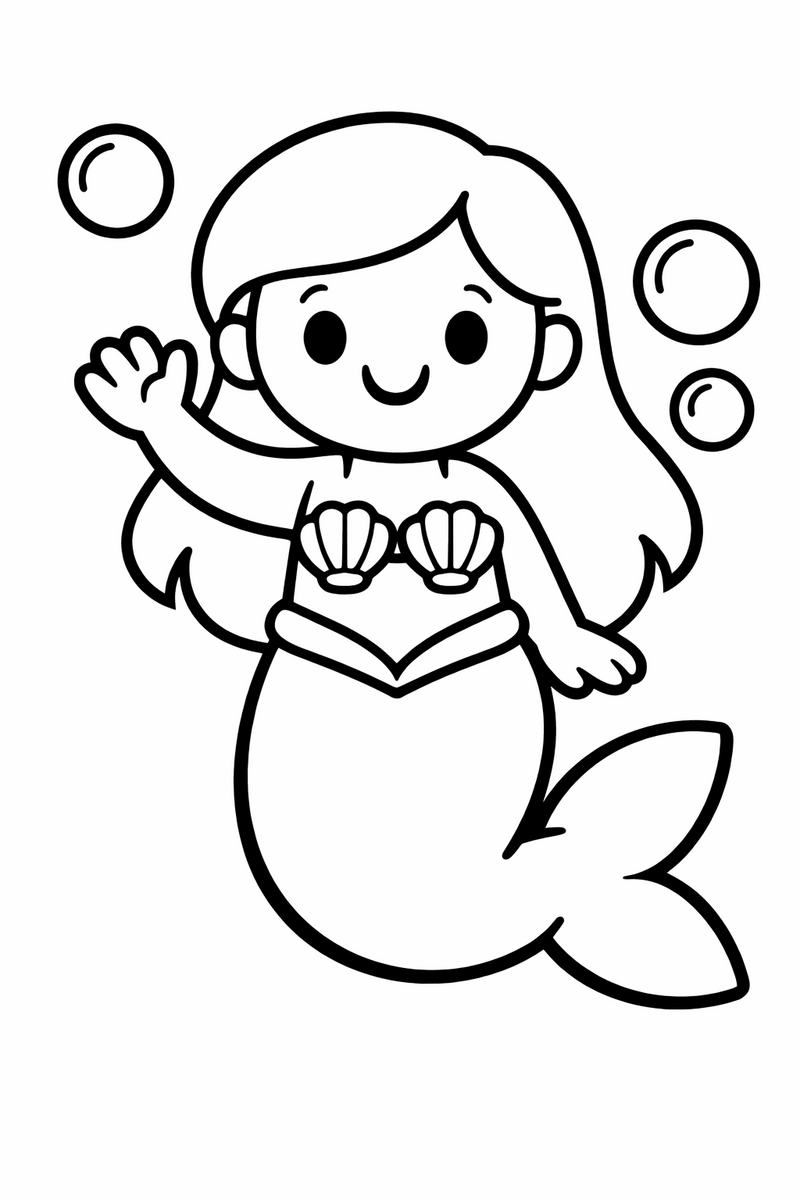 A very simple smiling mermaid waving one hand, drawn with extra thick outlines, one big rounded tail and three round bubbles, nothing small or fiddly coloring page