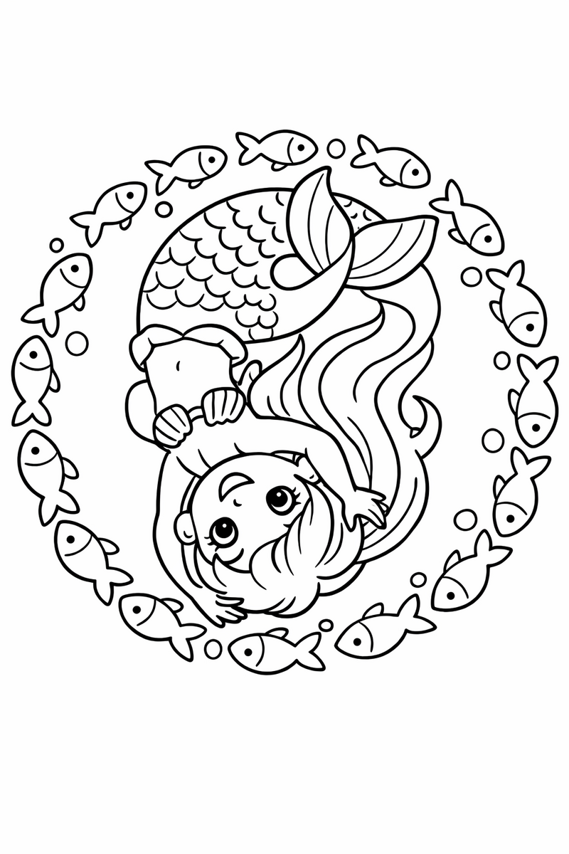 A mermaid somersaulting inside a swirling ring of little fish that curls all the way around her from head to tail coloring page