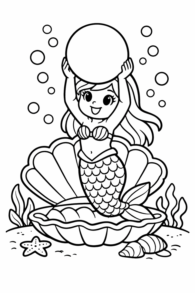 A mermaid holding up a giant round pearl she has just lifted out of an open clam shell with small bubbles rising around her coloring page