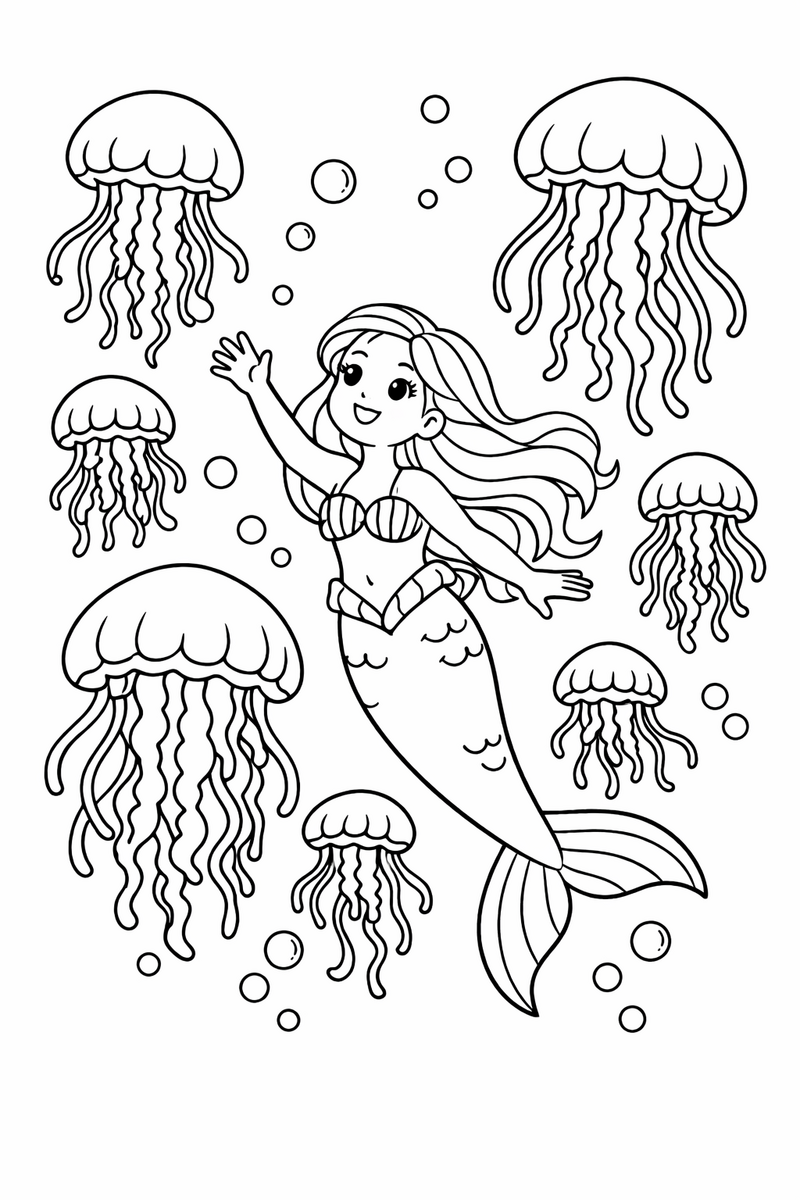A mermaid drifting slowly upward through a cloud of round jellyfish with long trailing tentacles coloring page