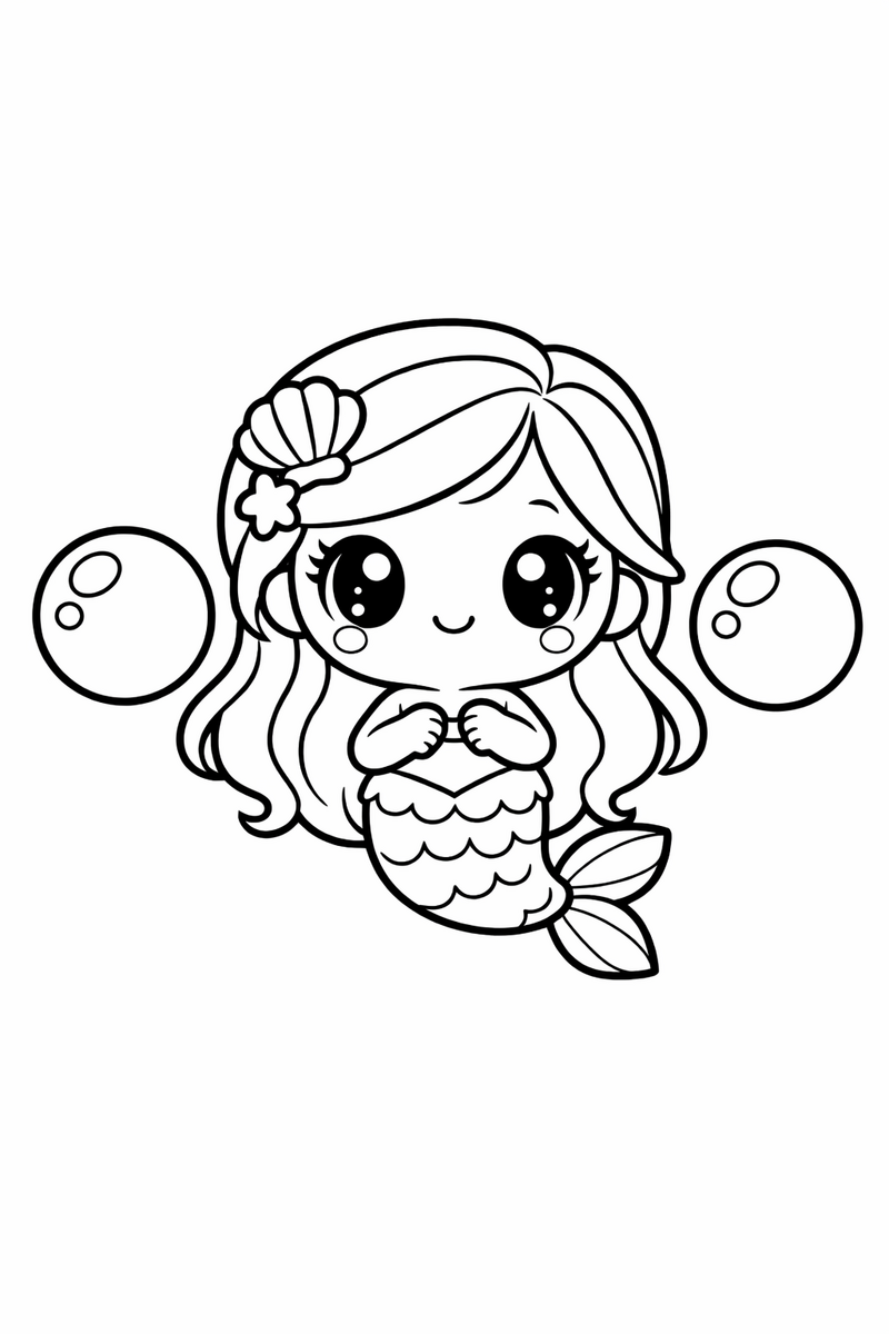 A tiny kawaii chibi mermaid with a big round head, huge sparkling eyes and a chubby little tail floating between two round bubbles coloring page