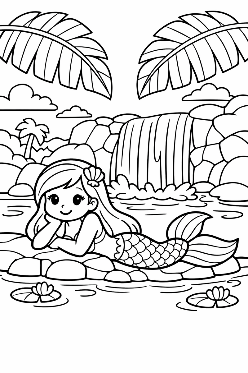 A mermaid resting on the edge of a tropical lagoon pool with a waterfall falling behind her and two big palm leaves overhead coloring page