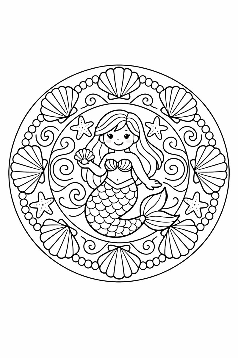 A round mandala with a mermaid at the centre surrounded by symmetrical rings of scallop shells, curling waves, starfish and pearls coloring page